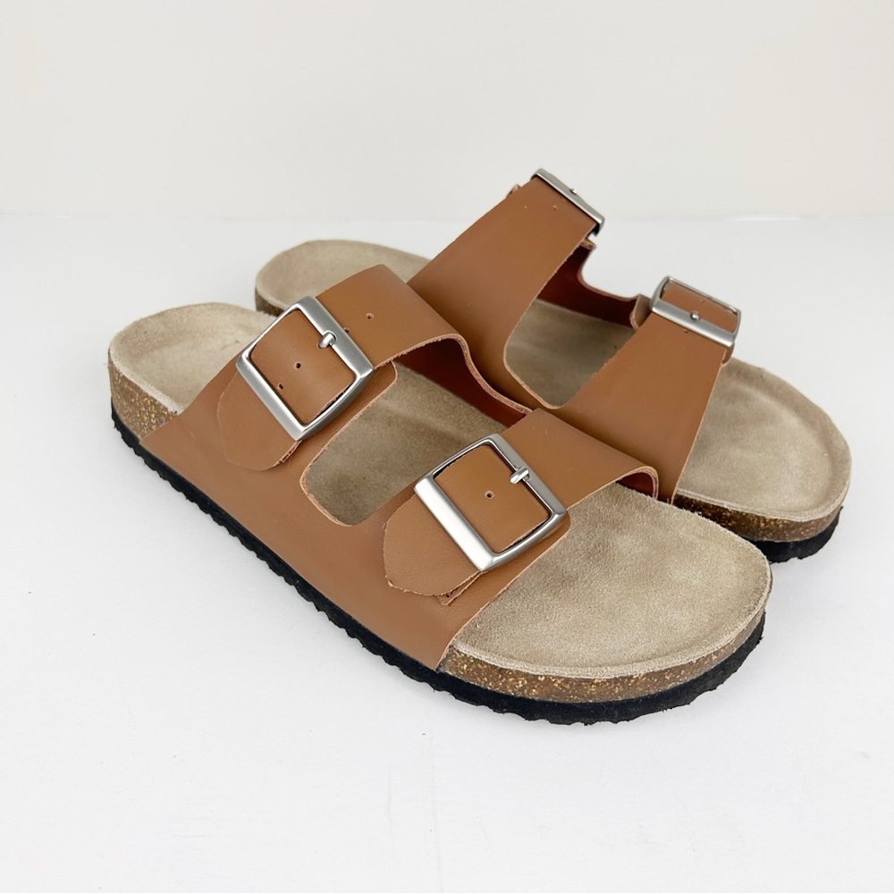 Quince Napa Leather Double Buckle Slide Brown Tan size 10